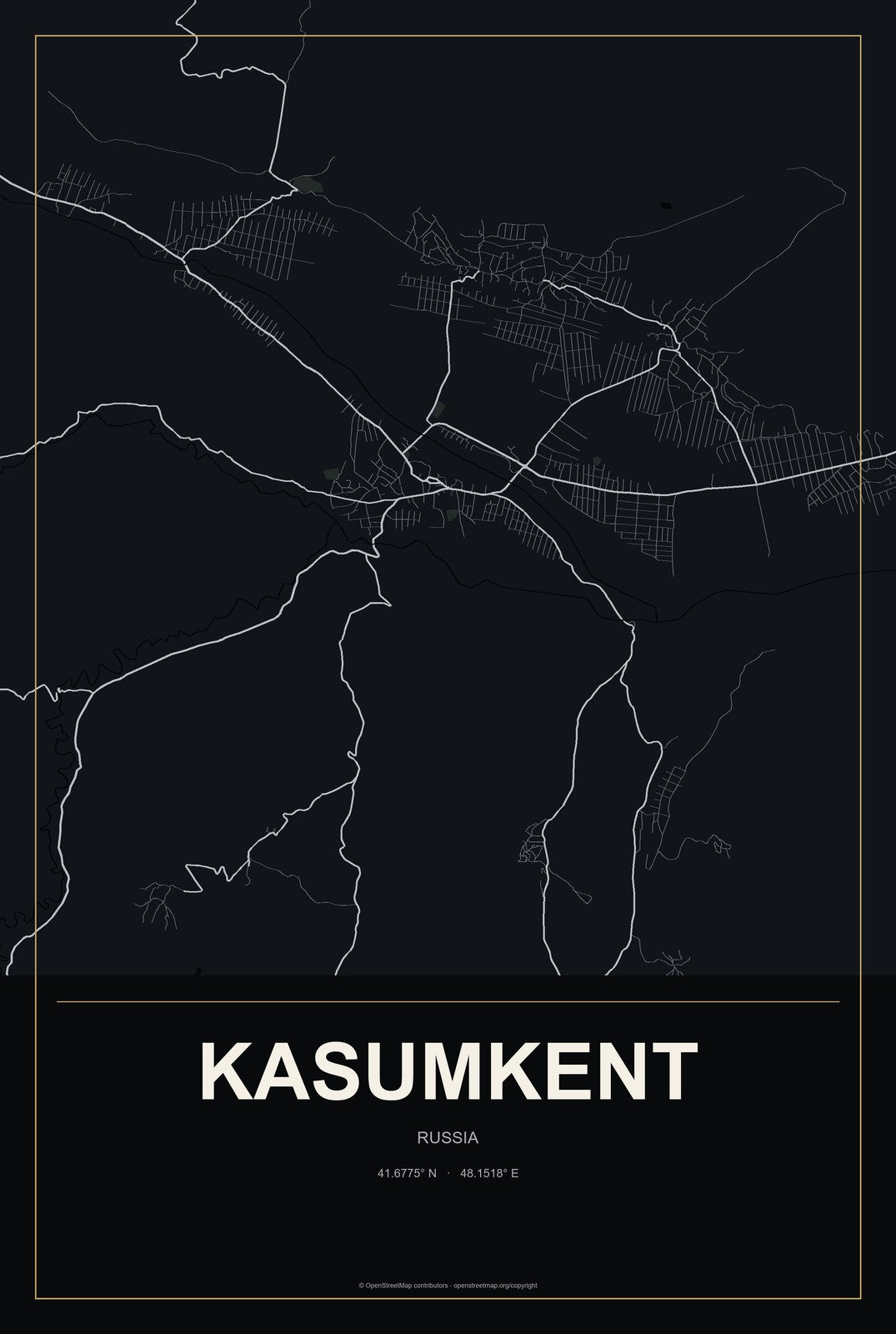 Kasumkent, Russia City Map Aluminum Sign in Metropolitan Noir style