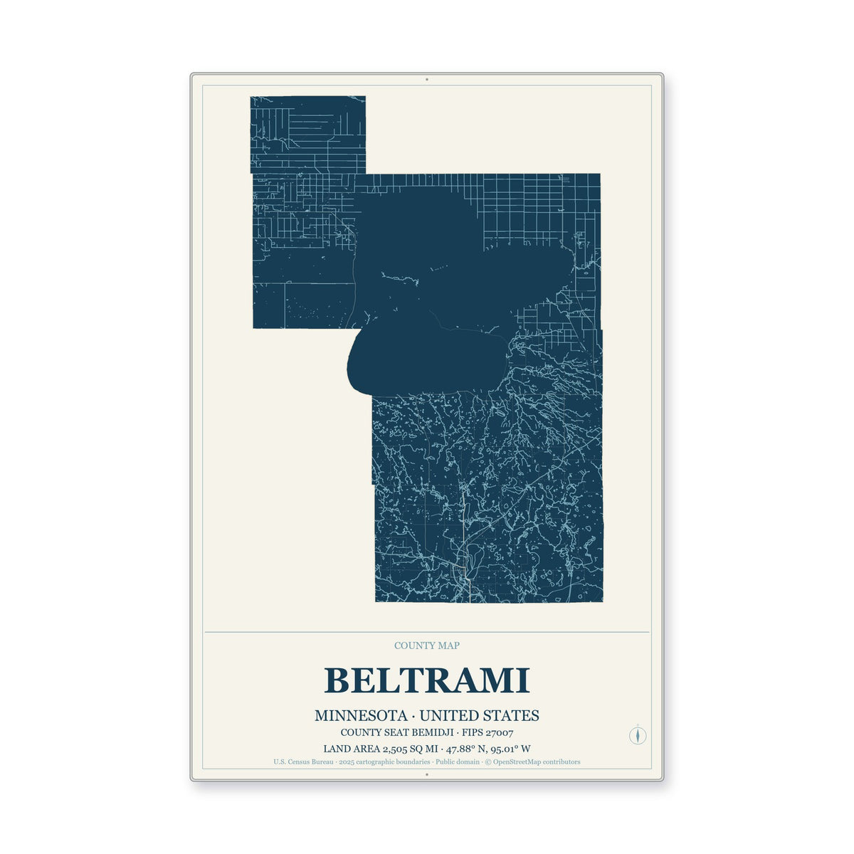 Beltrami County, Minnesota Map Aluminum Sign in Coastal Cutout style