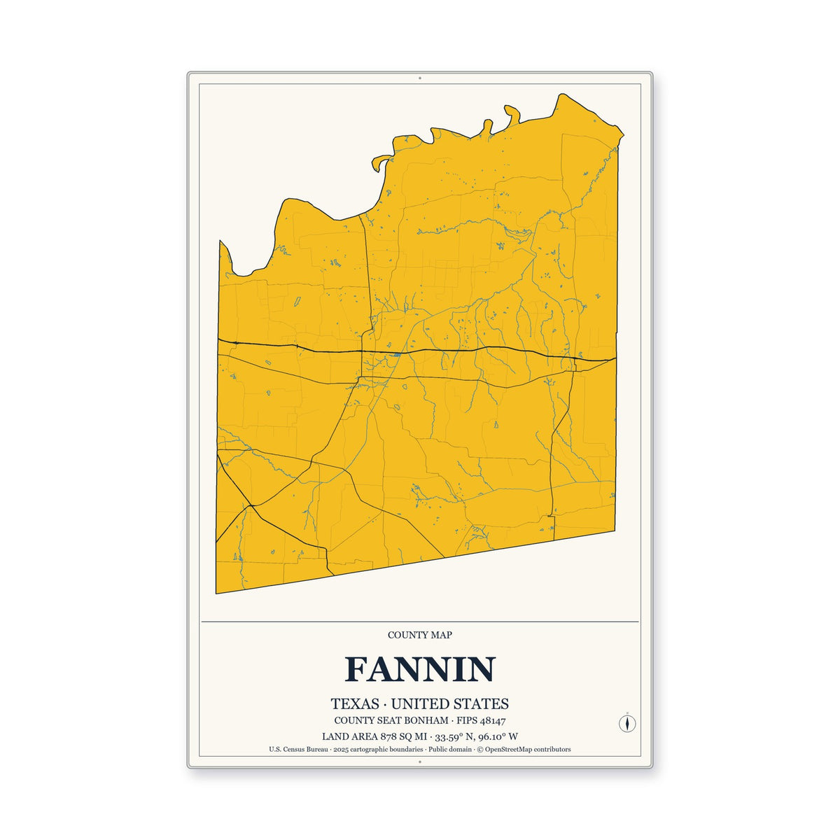 Fannin County, Texas Map Aluminum Sign in Citrine Modern style