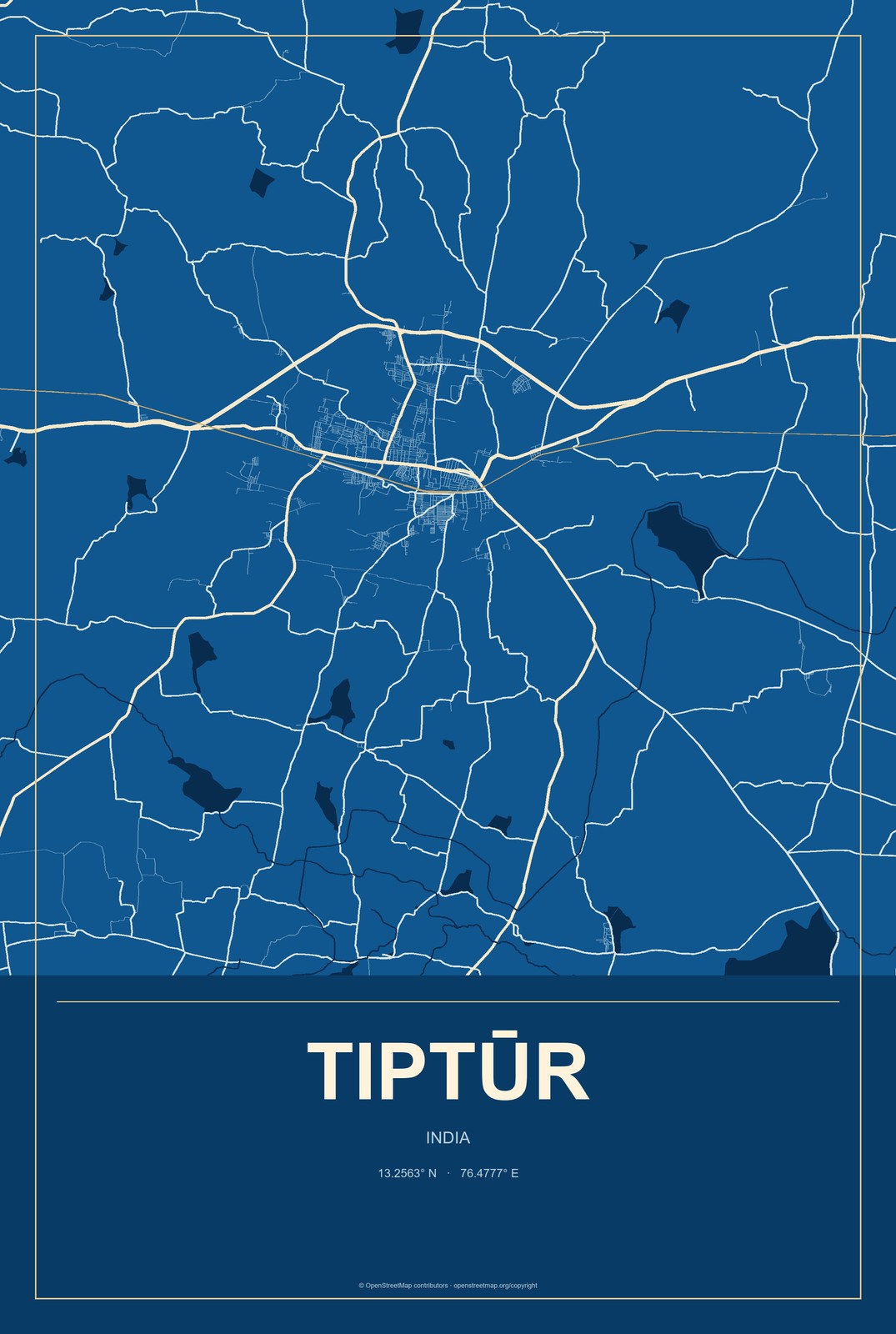 Tiptūr, India City Map Aluminum Sign in Harbor Cobalt style