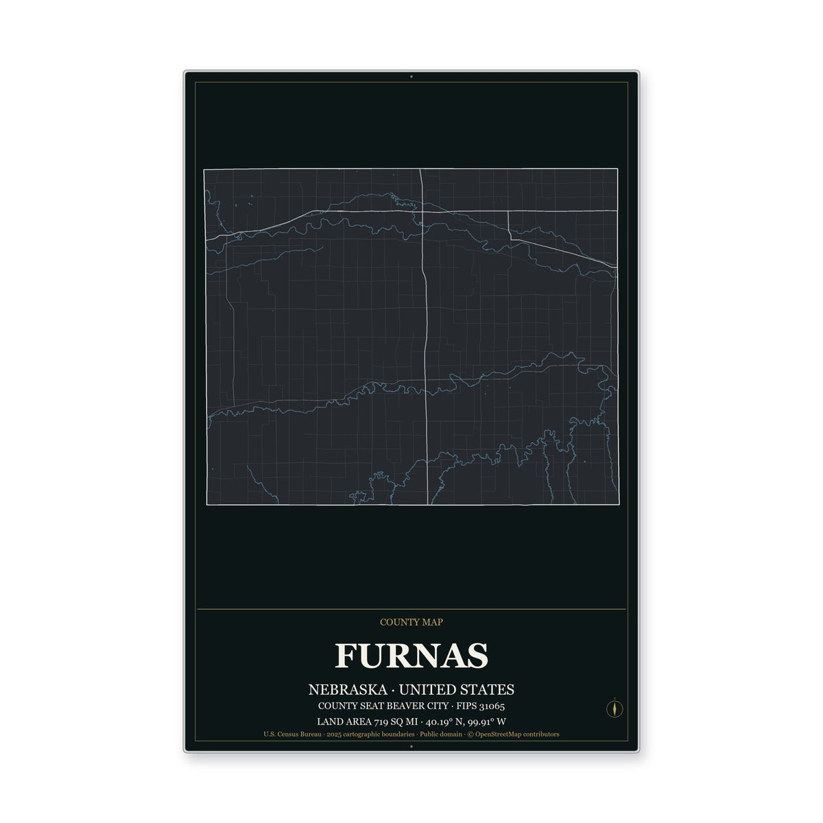 Furnas County, Nebraska Map Aluminum Sign in Metropolitan Noir style