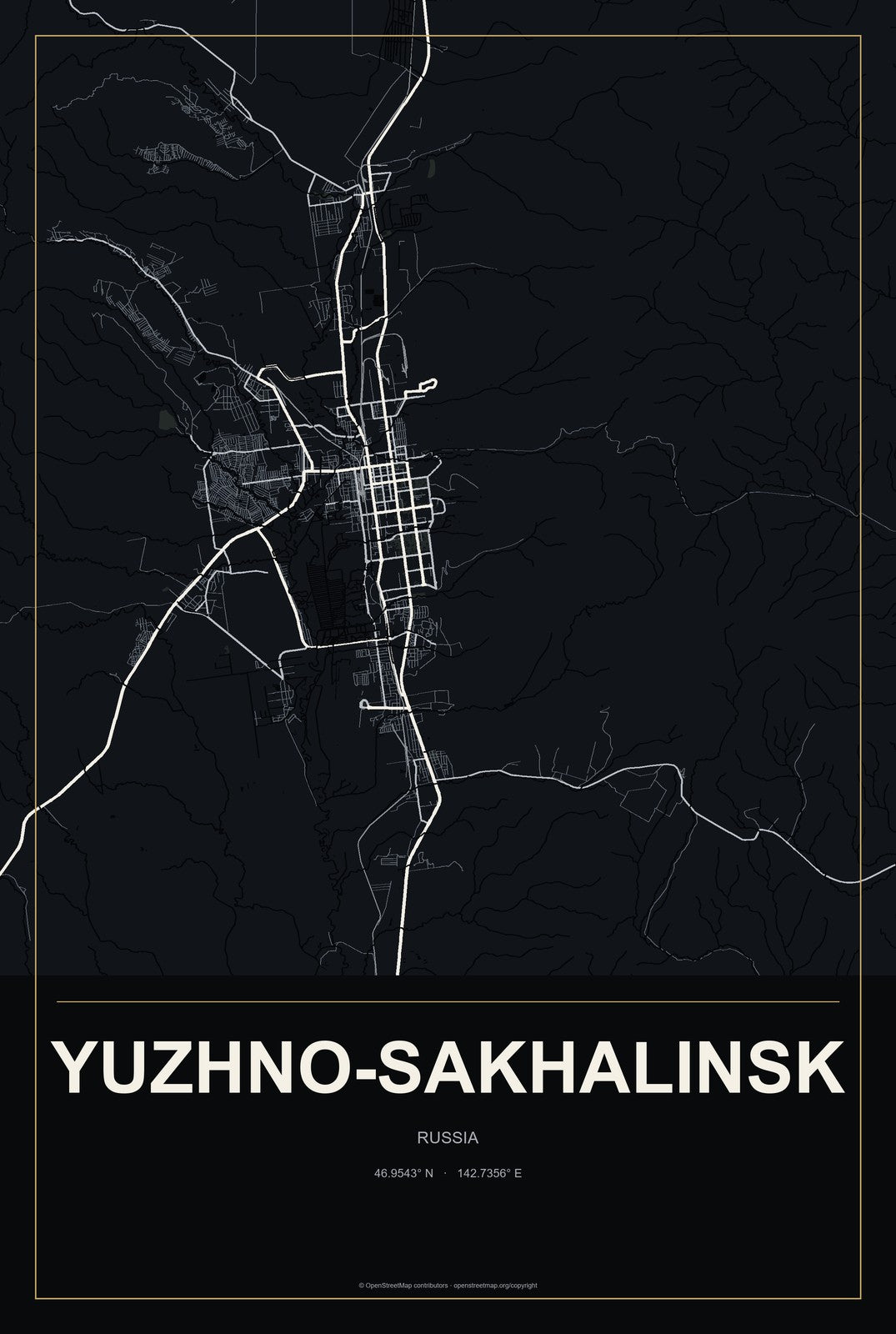 Yuzhno-Sakhalinsk, Russia City Map Aluminum Sign in Metropolitan Noir style