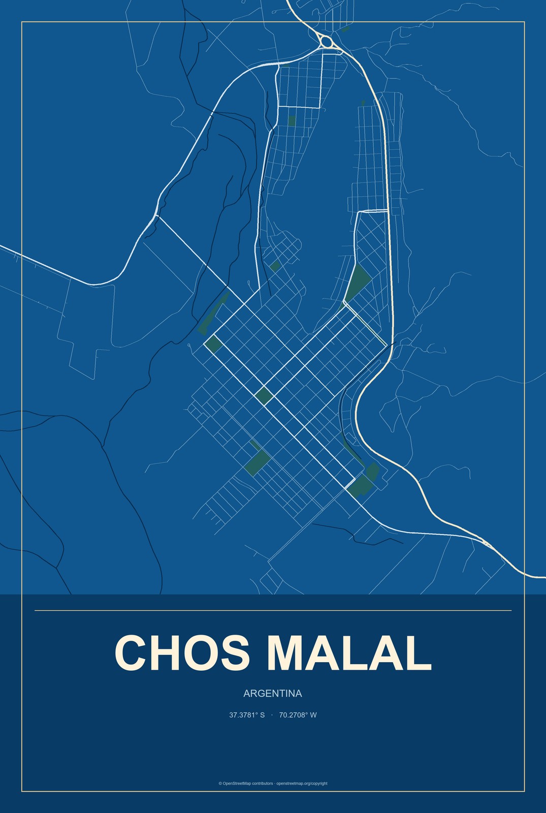 Chos Malal, Argentina City Map Aluminum Sign in Harbor Cobalt style