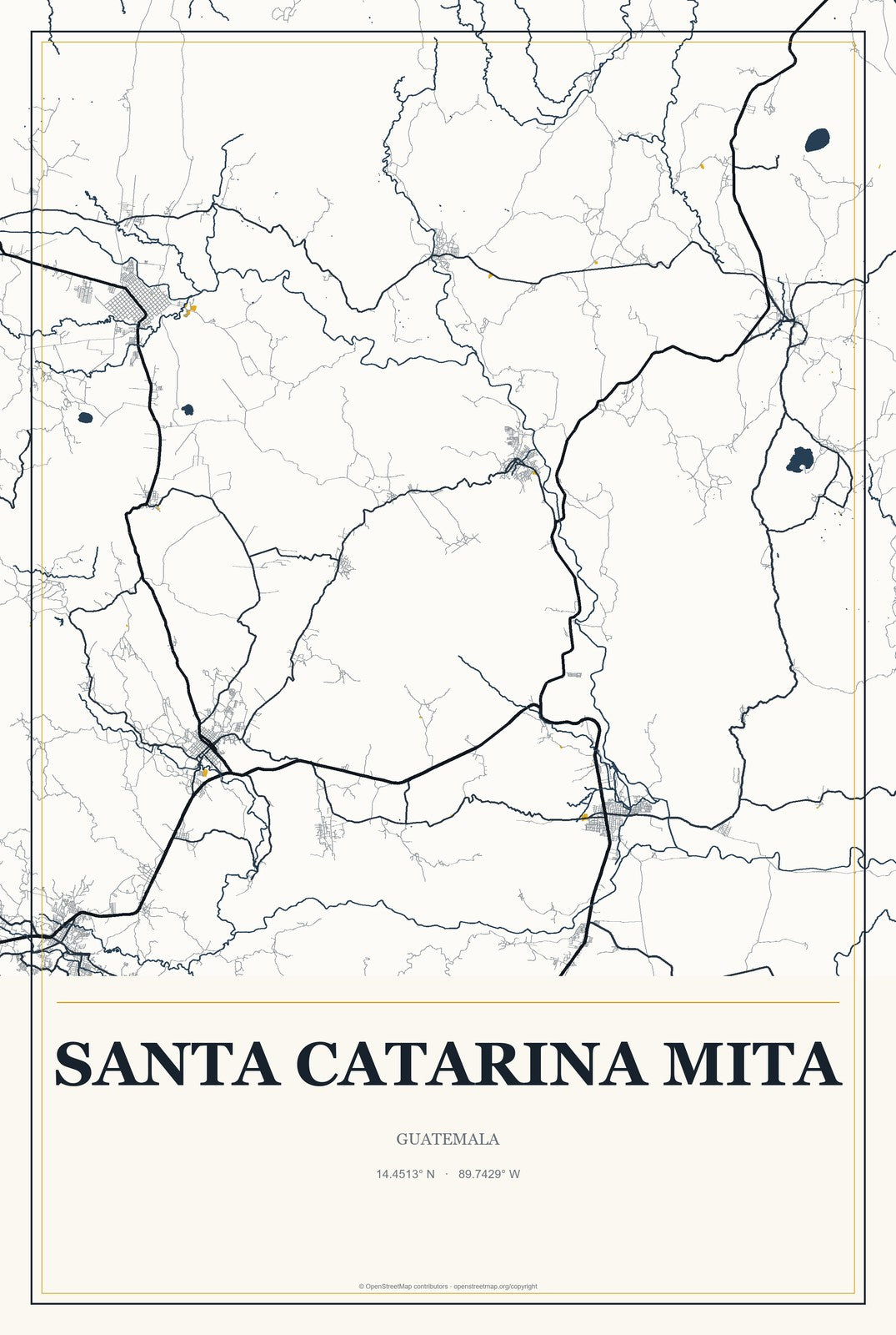Santa Catarina Mita, Guatemala City Map Aluminum Sign in Citrine Modern style