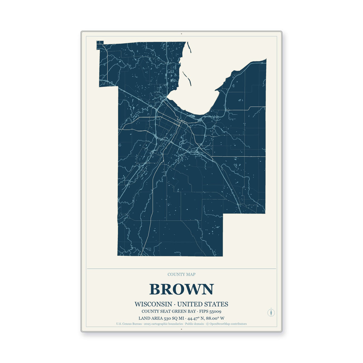 Brown County, Wisconsin Map Aluminum Sign in Coastal Cutout style