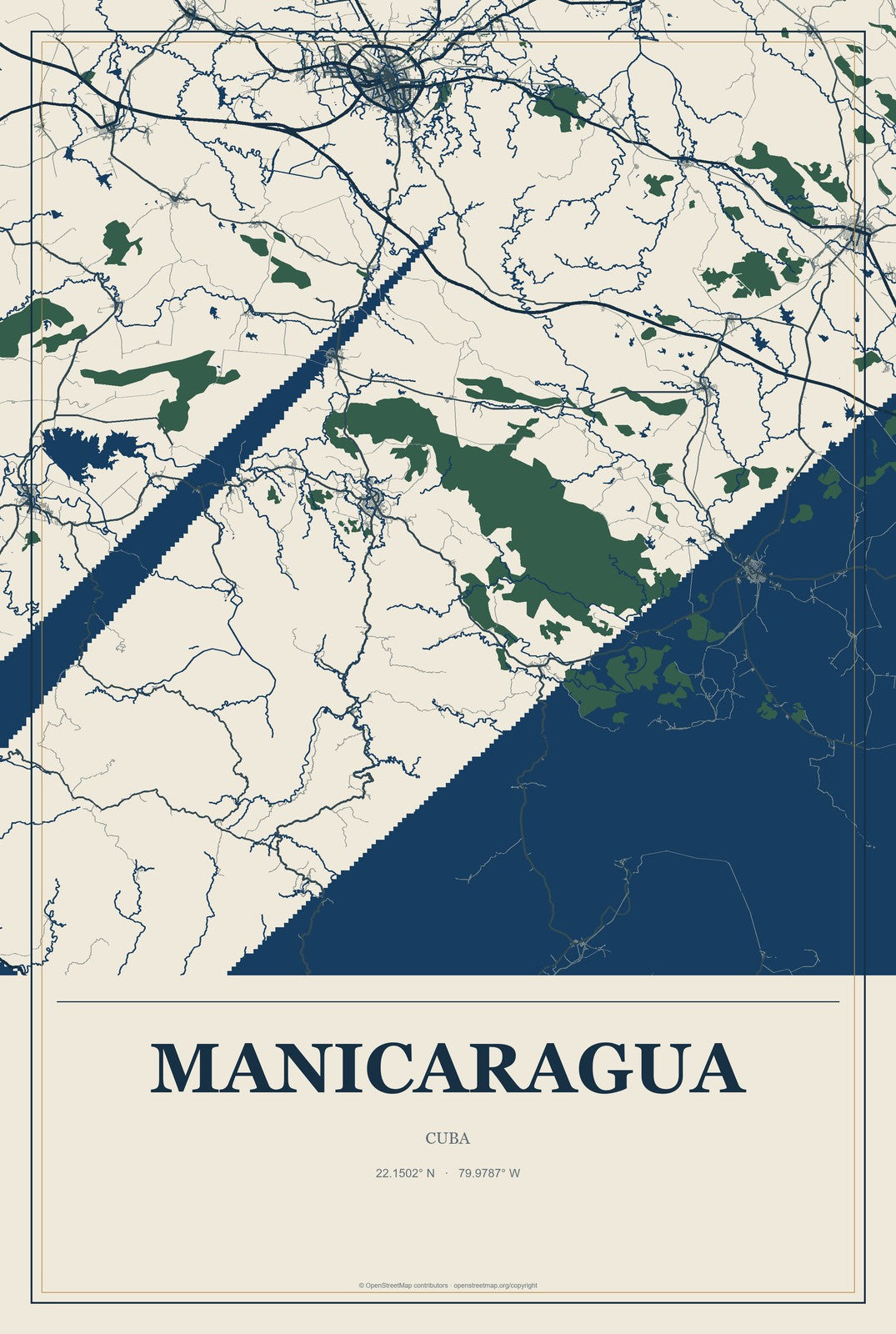 Manicaragua, Cuba City Map Aluminum Sign in Coastal Cutout style