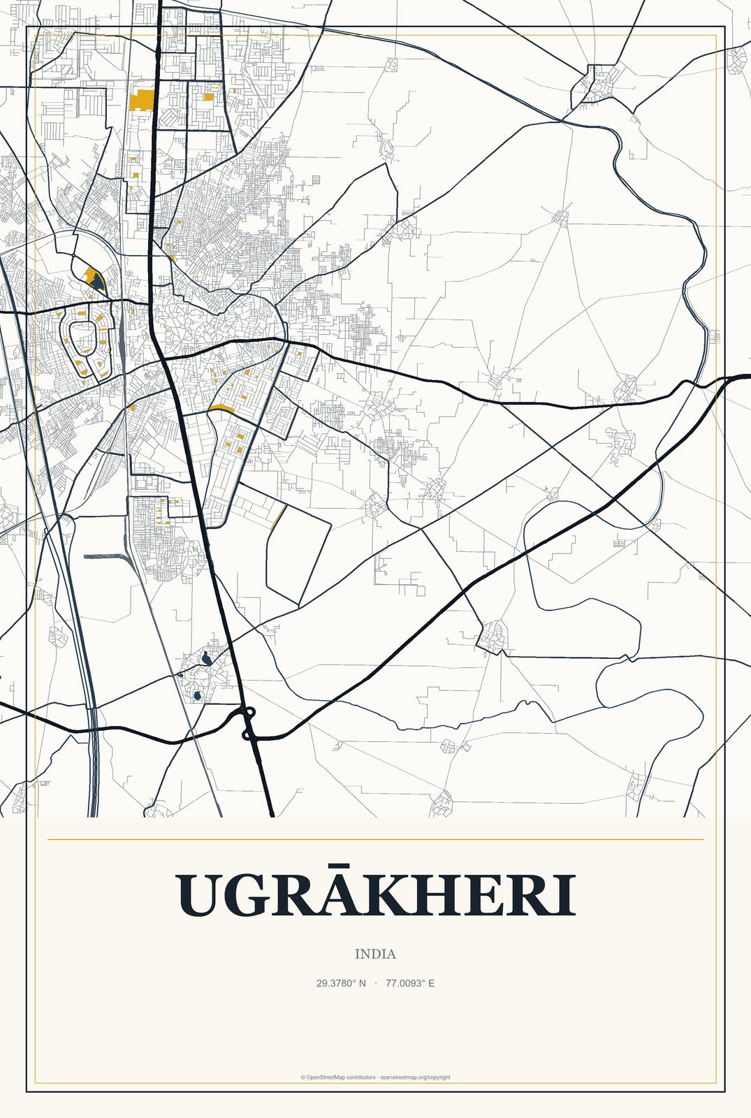 Ugrākheri, India City Map Aluminum Sign in Citrine Modern style