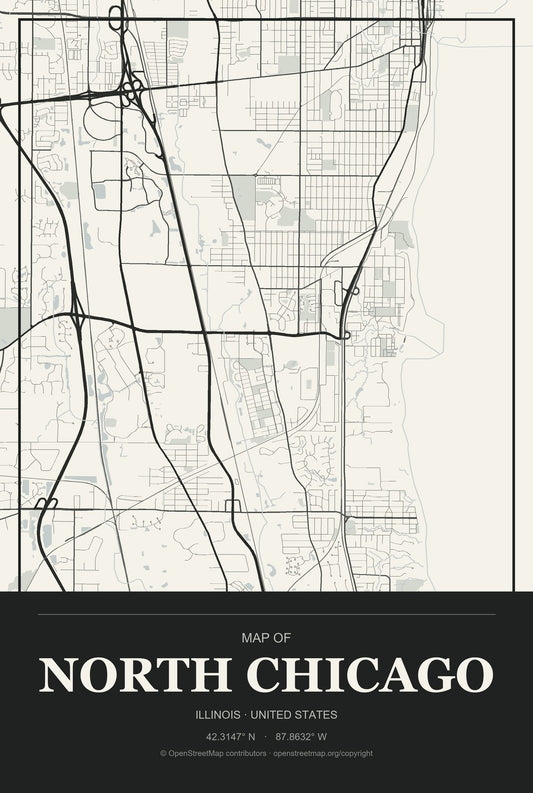 North Chicago, Illinois City Map Aluminum Sign in Museum Plaque style