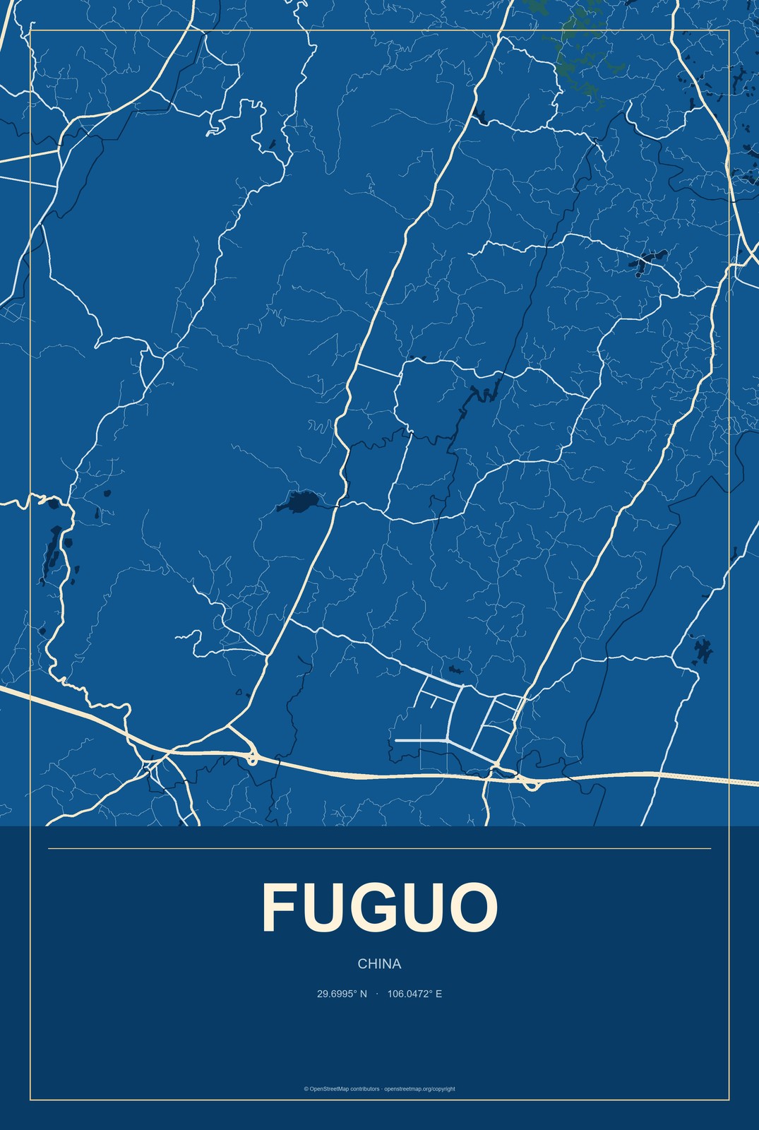 Fuguo, China City Map Aluminum Sign in Harbor Cobalt style