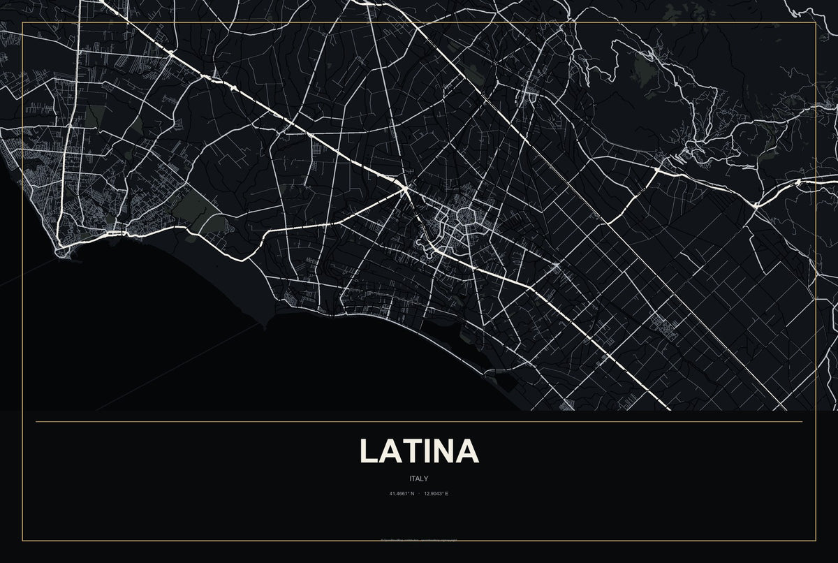 Latina, Italy City Map Aluminum Sign in Metropolitan Noir style