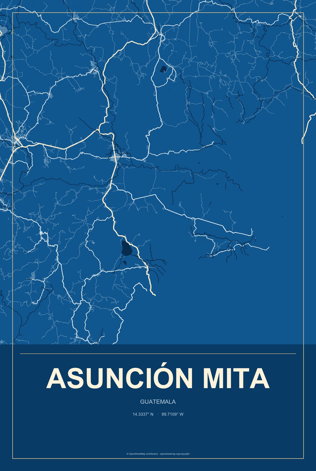 Asunción Mita, Guatemala City Map Aluminum Sign in Harbor Cobalt style