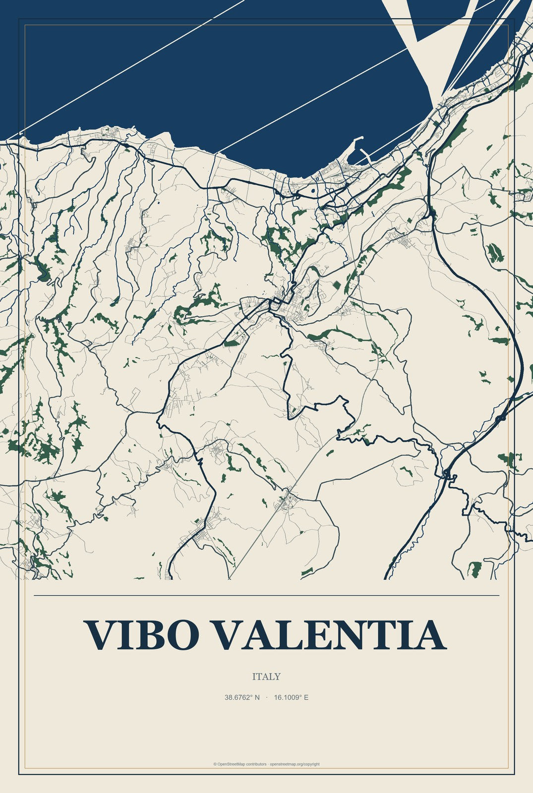 Vibo Valentia, Italy City Map Aluminum Sign in Coastal Cutout style