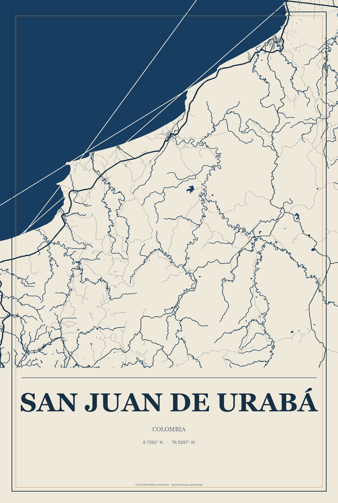 San Juan de Urabá, Colombia City Map Aluminum Sign in Coastal Cutout style