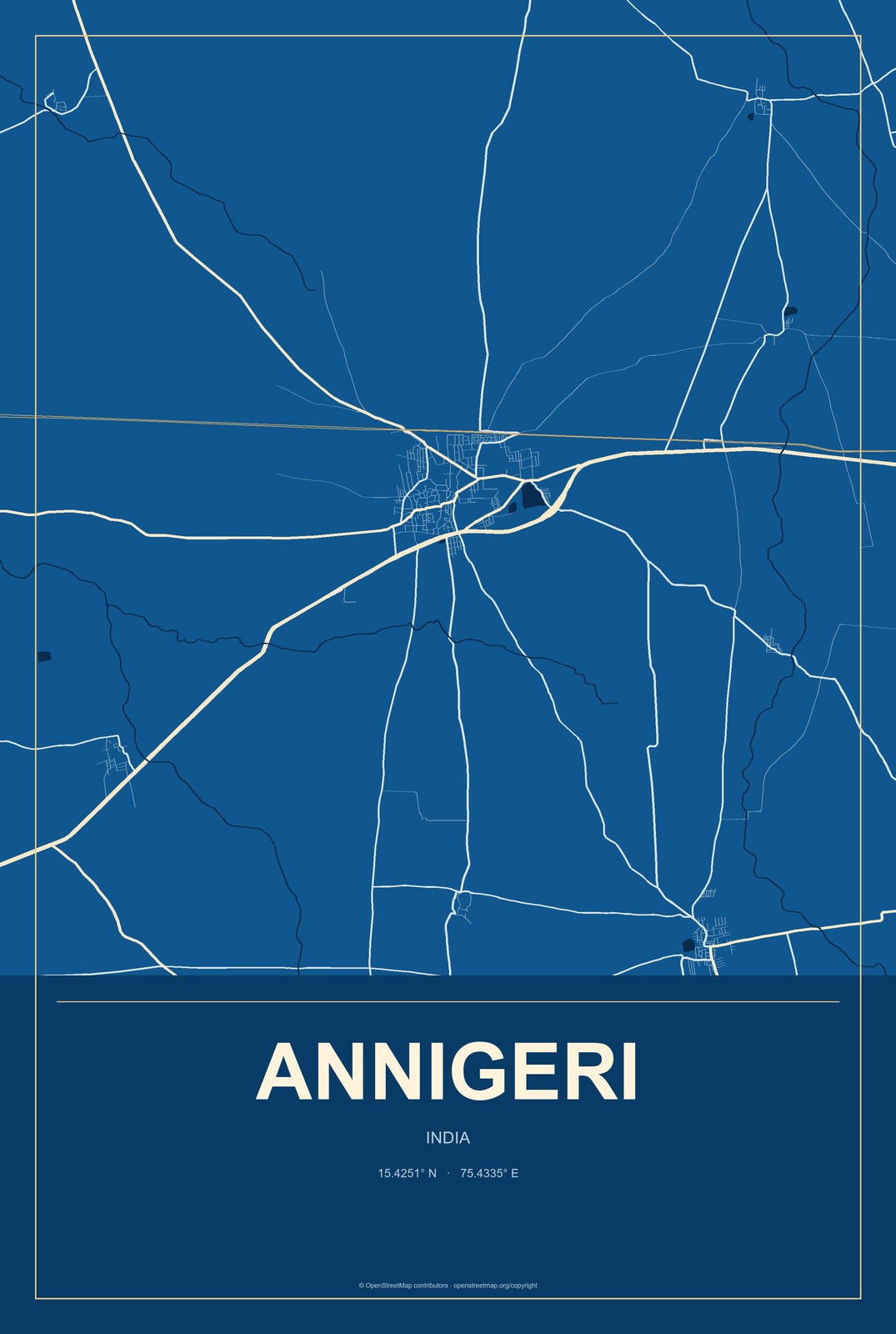Annigeri, India City Map Aluminum Sign in Harbor Cobalt style