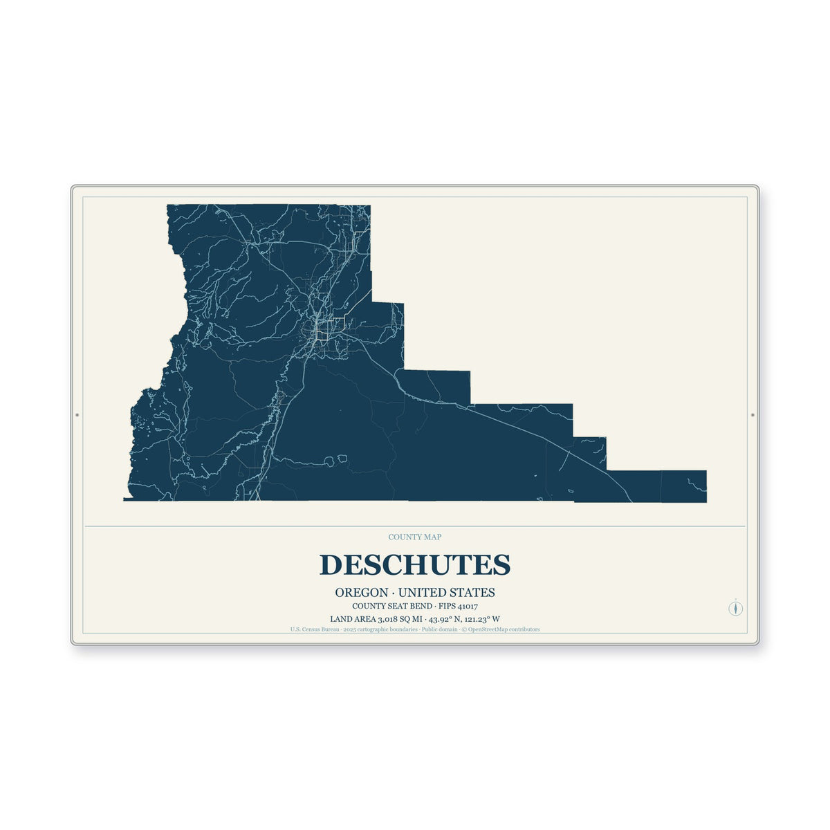 Deschutes County, Oregon Map Aluminum Sign in Coastal Cutout style
