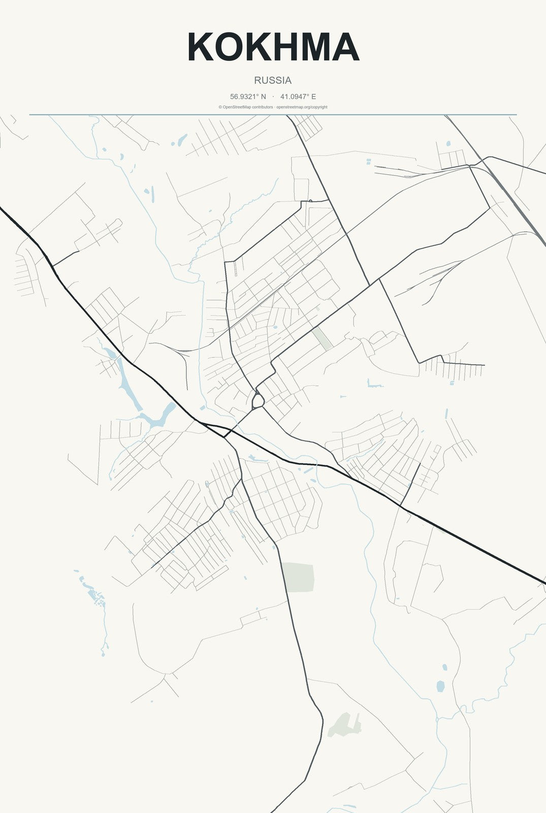 Kokhma, Russia City Map Aluminum Sign in Headline Atlas style