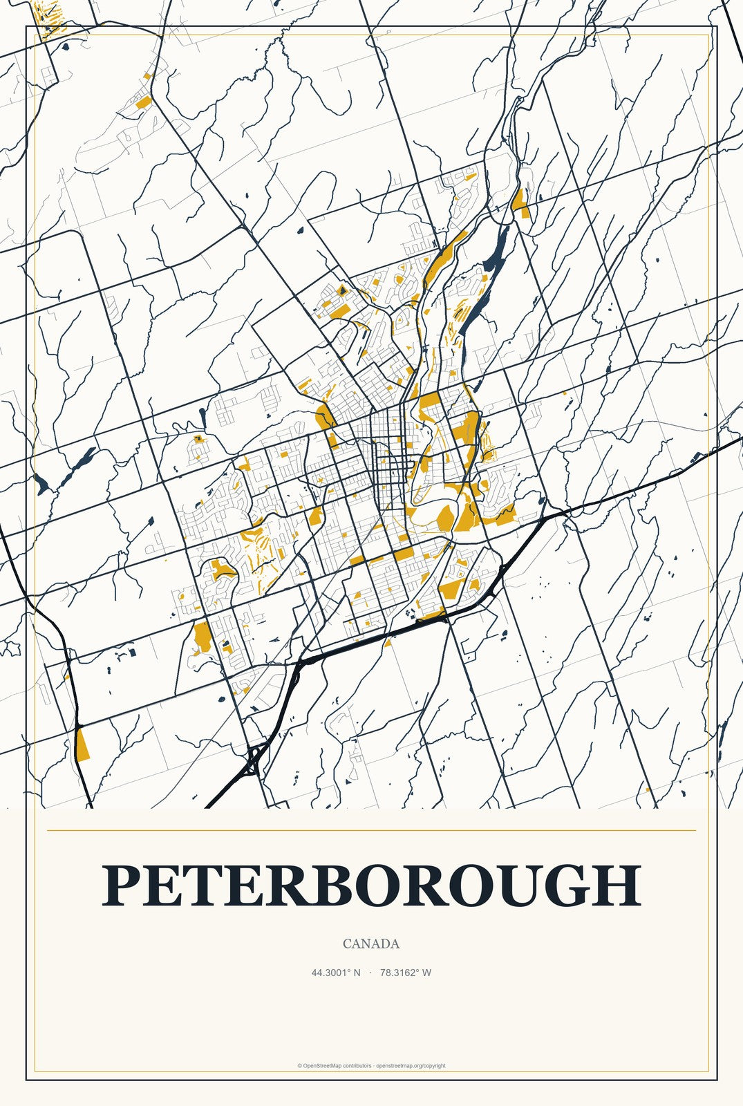 Peterborough, Canada City Map Aluminum Sign in Citrine Modern style