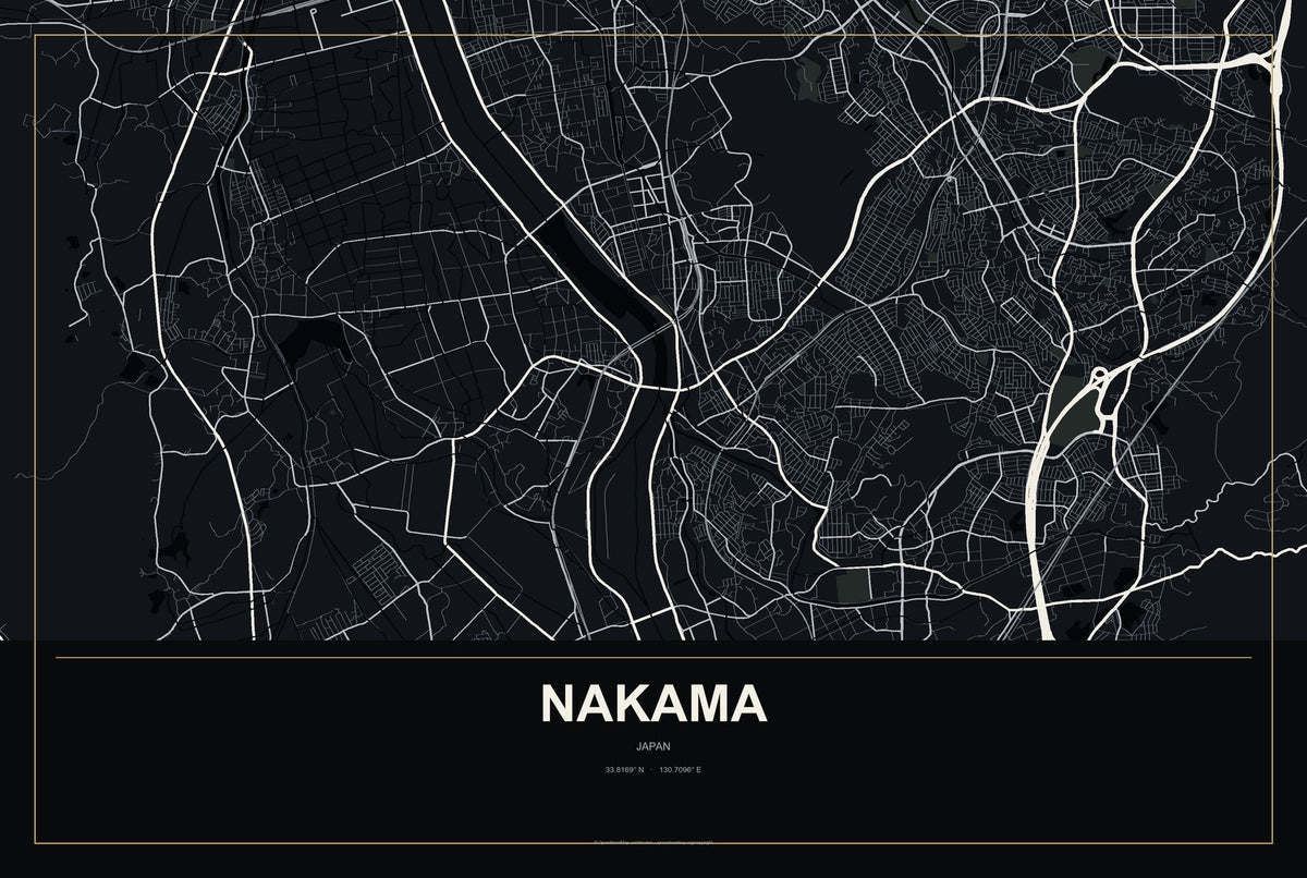 Nakama, Japan City Map Aluminum Sign in Metropolitan Noir style