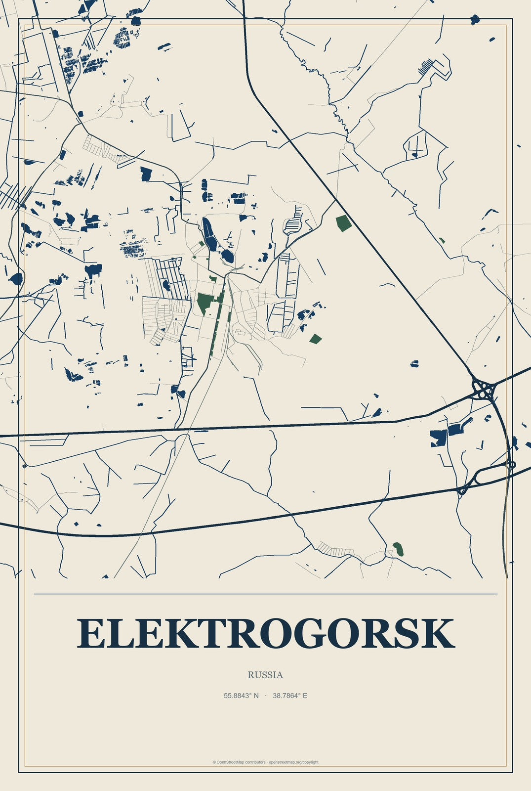 Elektrogorsk, Russia City Map Aluminum Sign in Coastal Cutout style