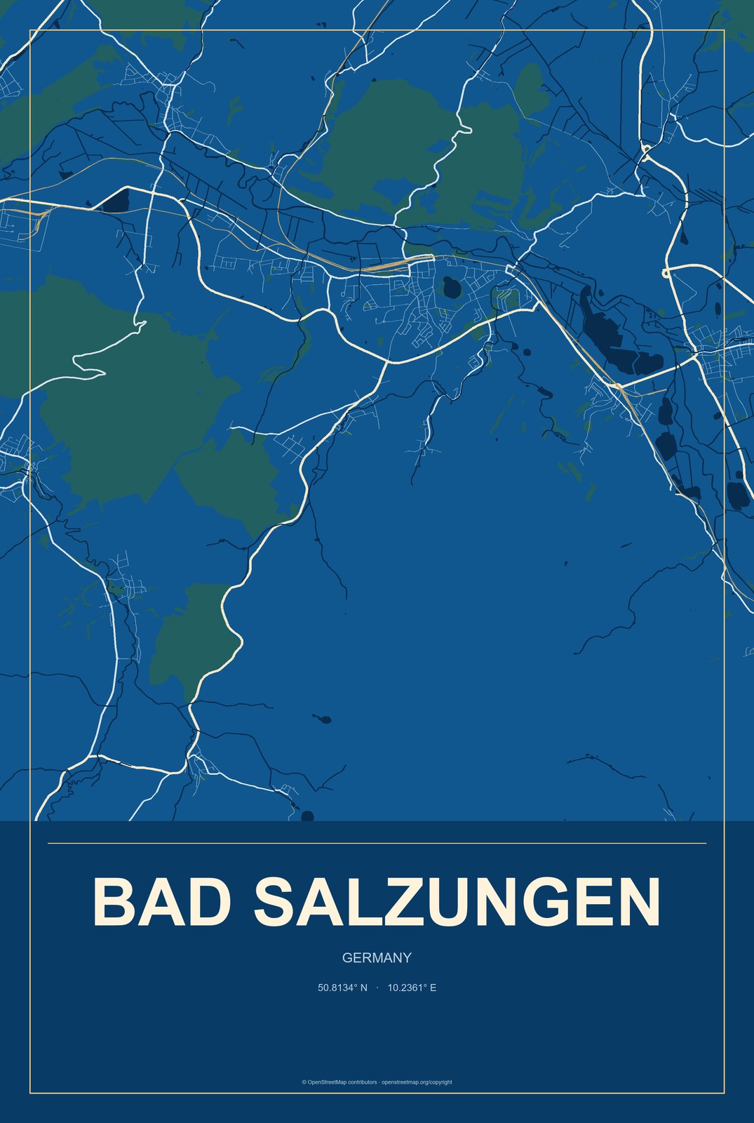 Bad Salzungen, Germany City Map Aluminum Sign in Harbor Cobalt style