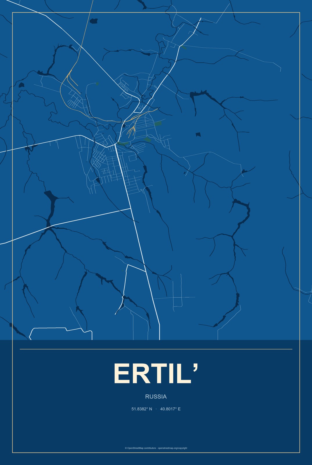 Ertil’, Russia City Map Aluminum Sign in Harbor Cobalt style