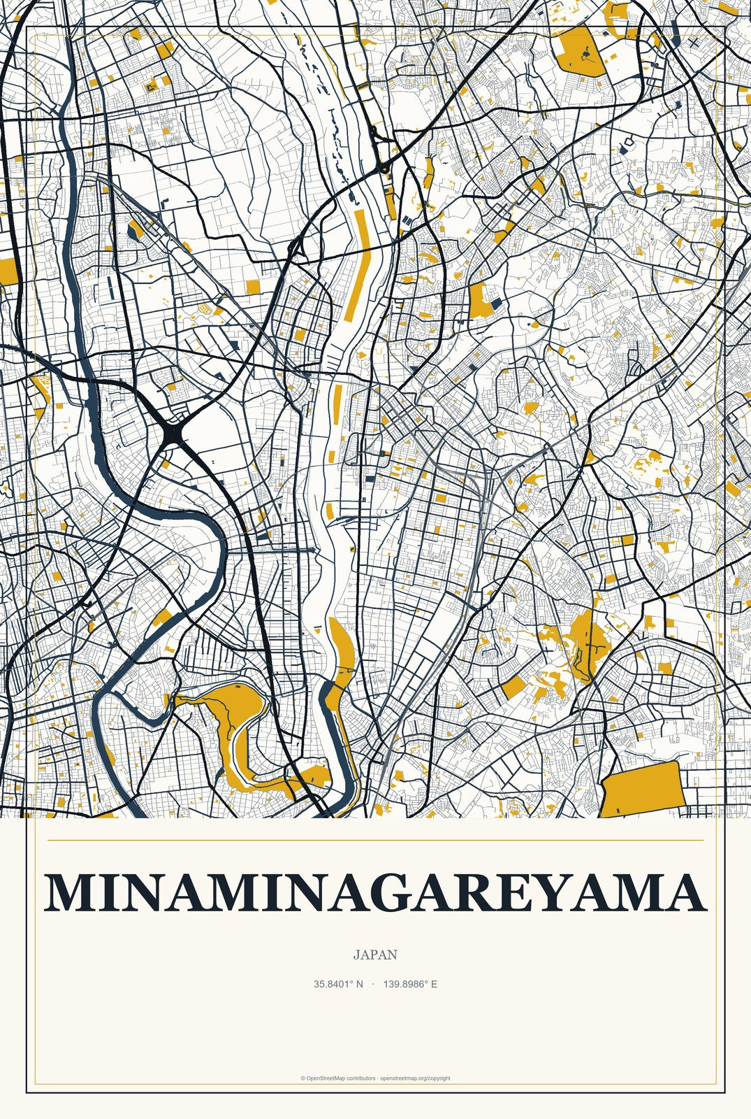 Minaminagareyama, Japan City Map Aluminum Sign in Citrine Modern style