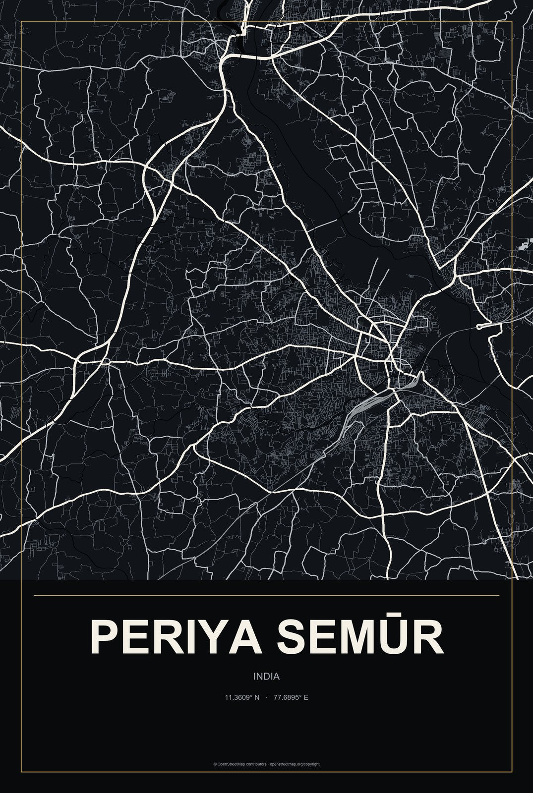 Periya Semūr, India City Map Aluminum Sign in Metropolitan Noir style