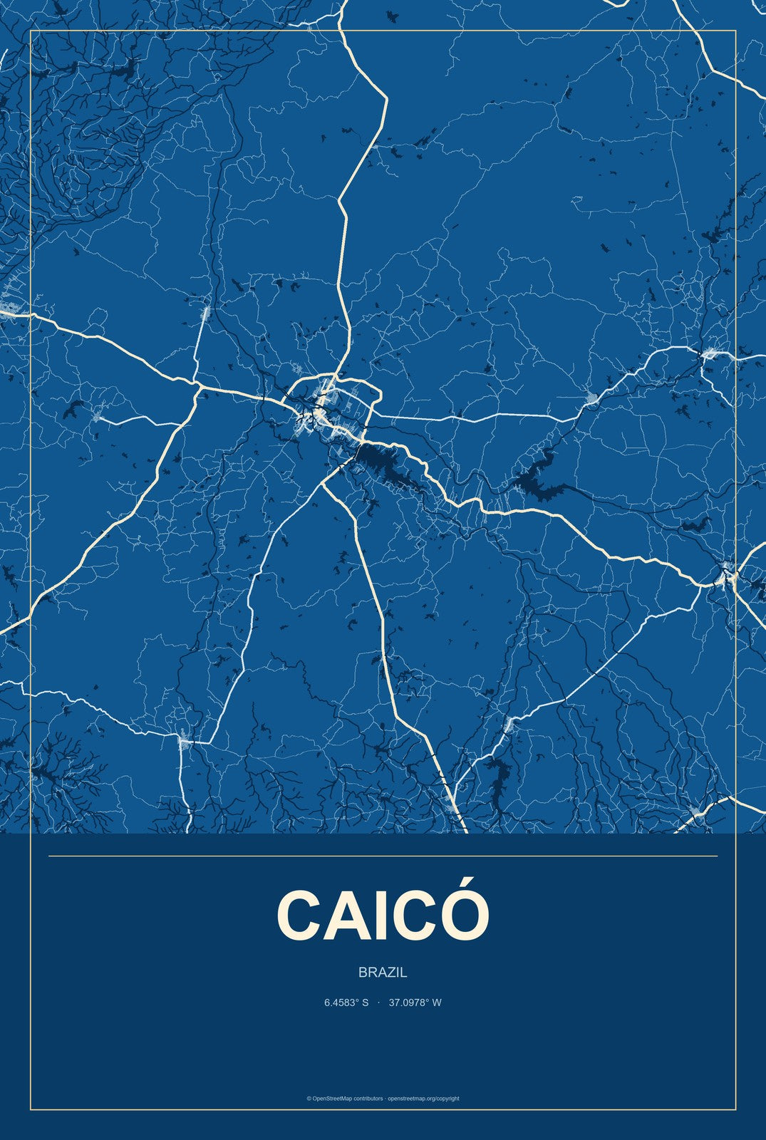 Caicó, Brazil City Map Aluminum Sign in Harbor Cobalt style
