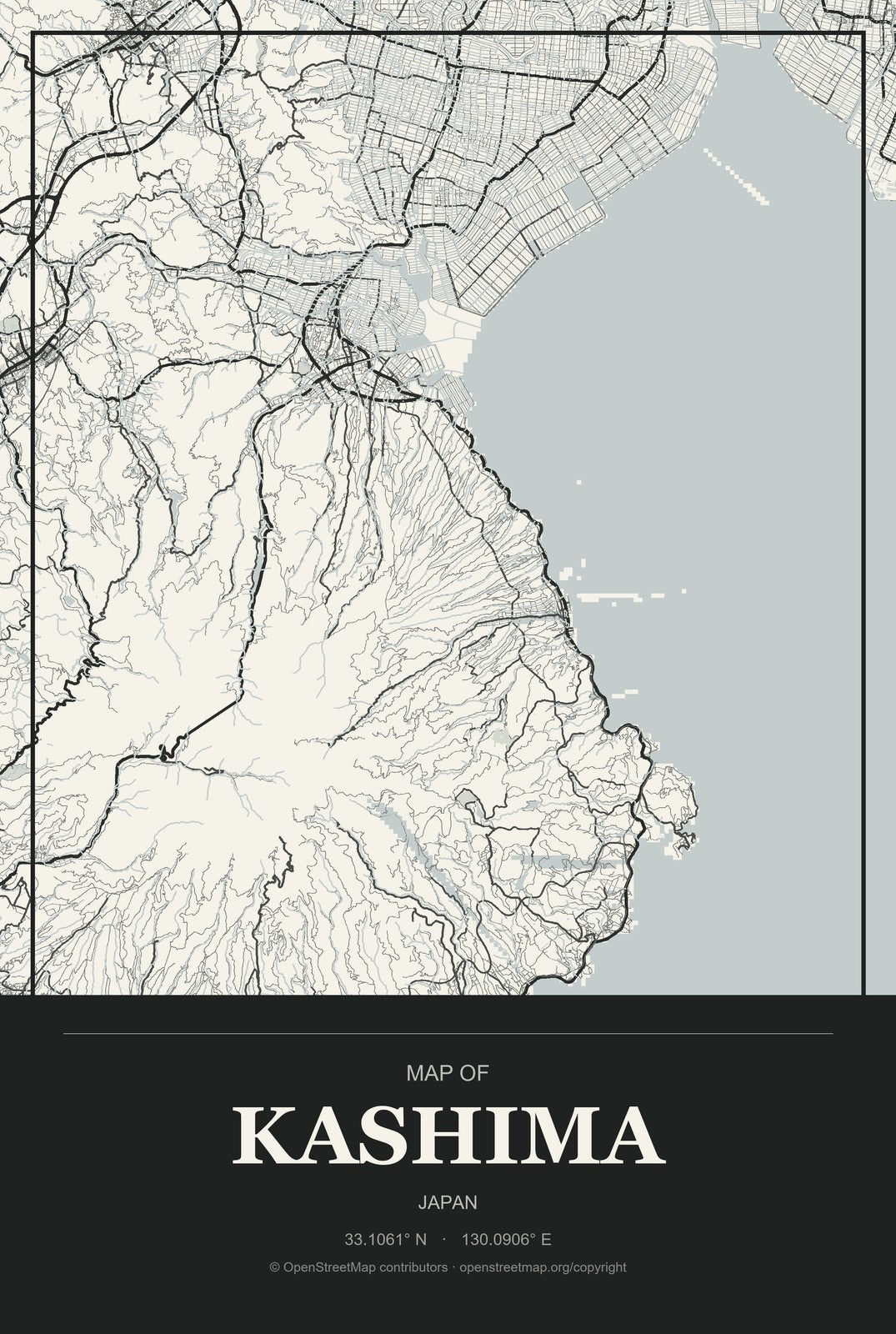 Kashima, Japan City Map Aluminum Sign in Museum Plaque style
