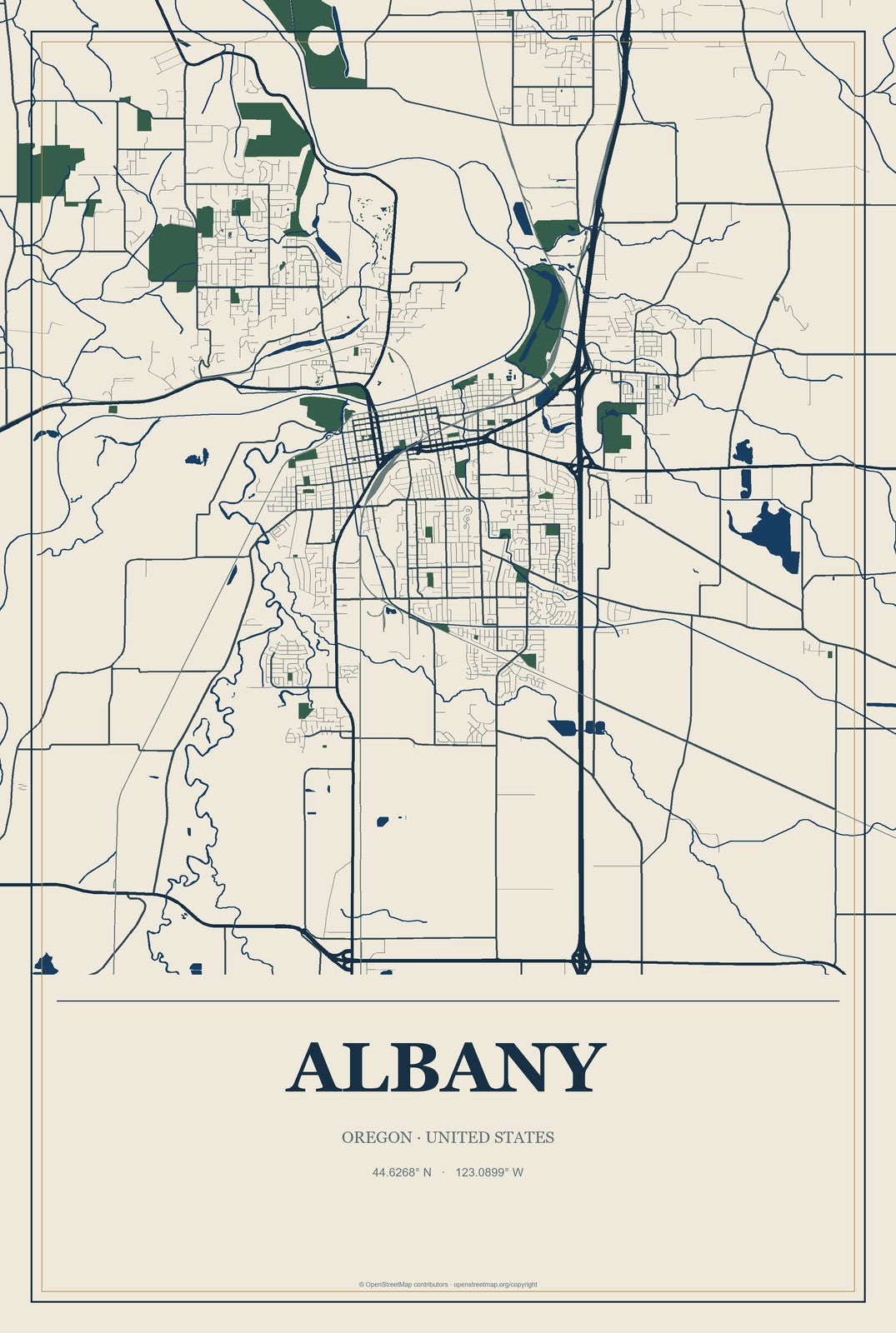 Albany, Oregon City Map Aluminum Sign in Coastal Cutout style