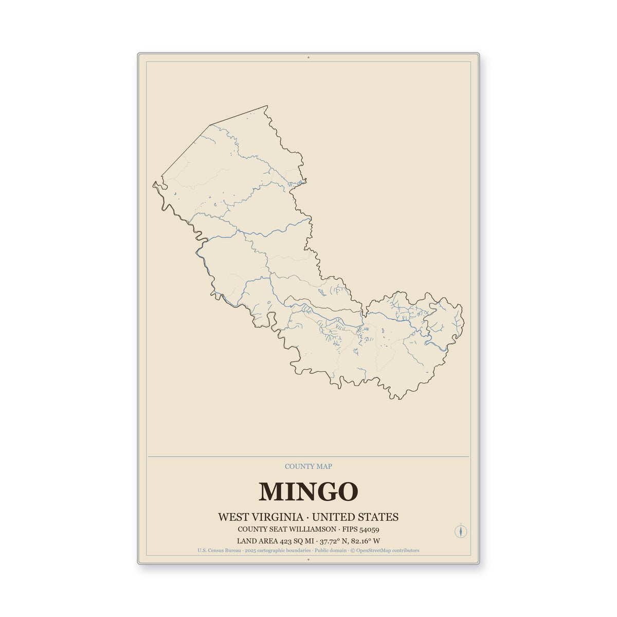 Mingo County, West Virginia Map Aluminum Sign in Heritage Nautical style