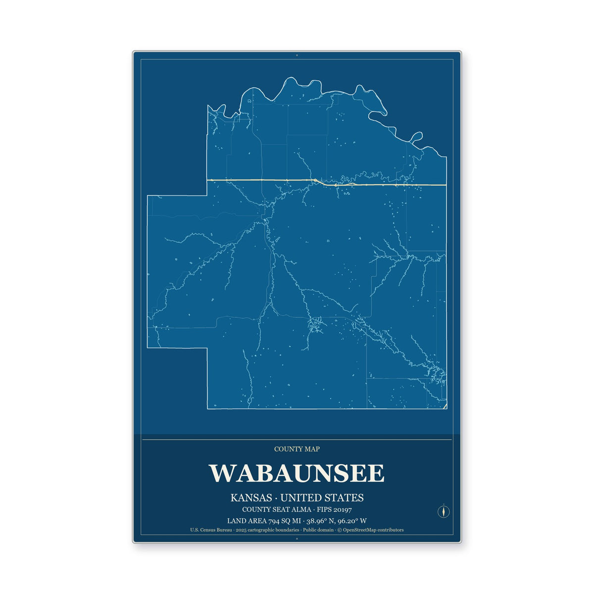 Wabaunsee County, Kansas Map Aluminum Sign in Harbor Cobalt style