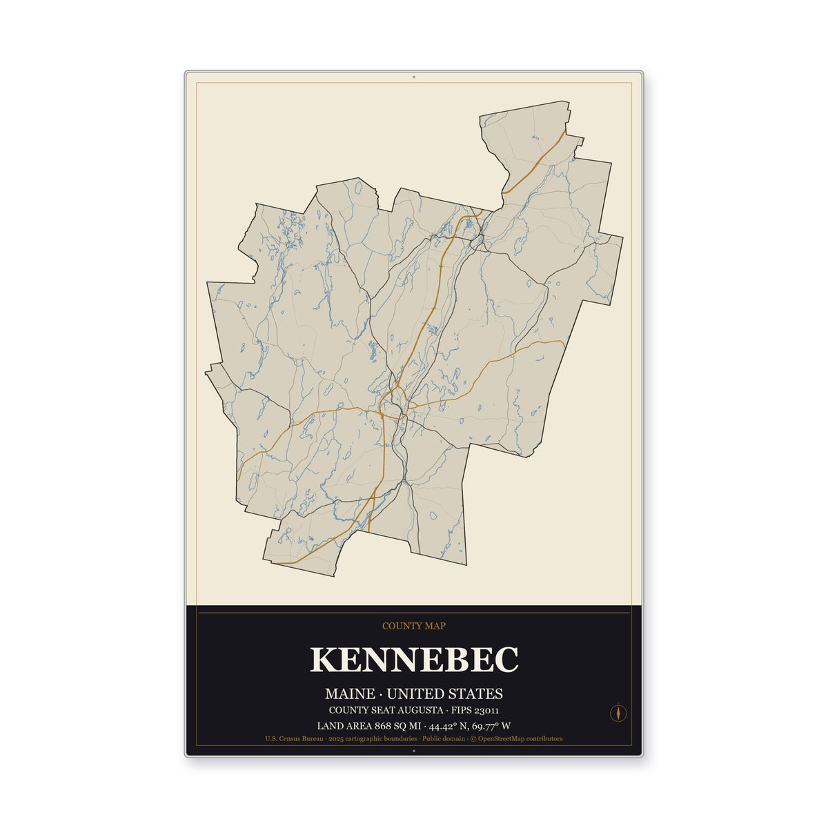 Kennebec County, Maine Map Aluminum Sign in Museum Plaque style