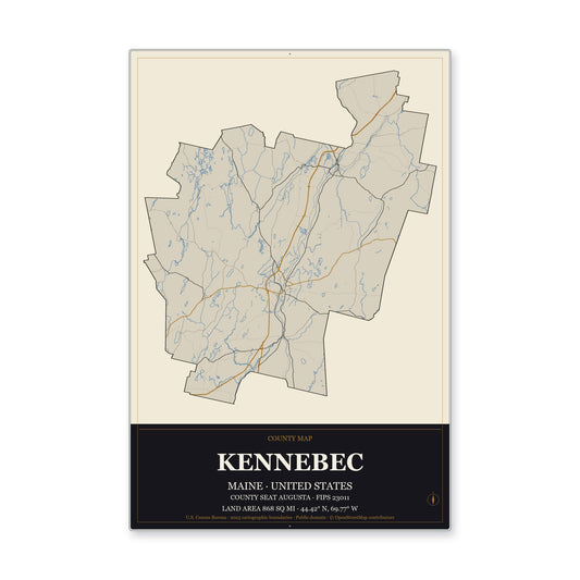 Kennebec County, Maine Map Aluminum Sign in Museum Plaque style
