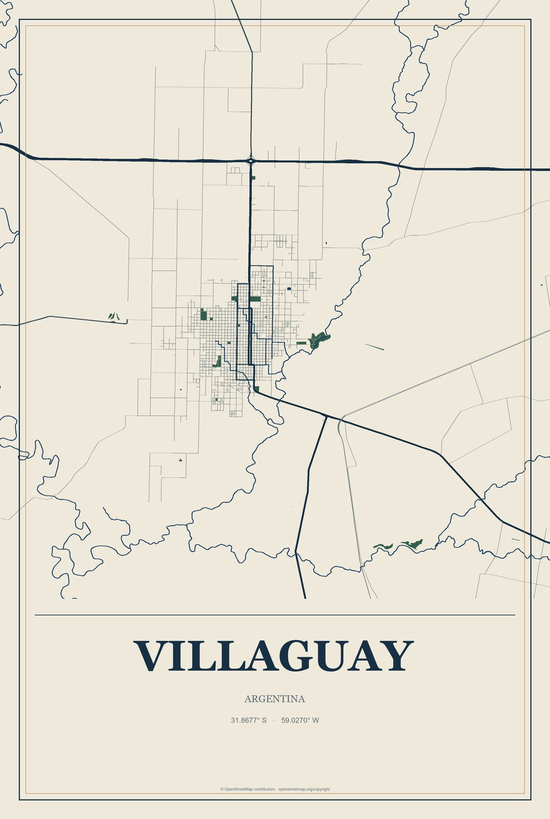 Villaguay, Argentina City Map Aluminum Sign in Coastal Cutout style