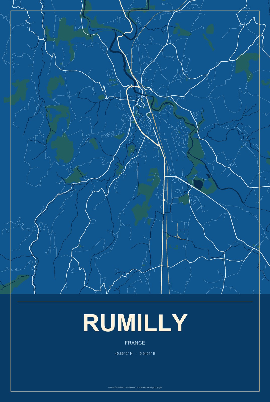 Rumilly, France City Map Aluminum Sign in Harbor Cobalt style