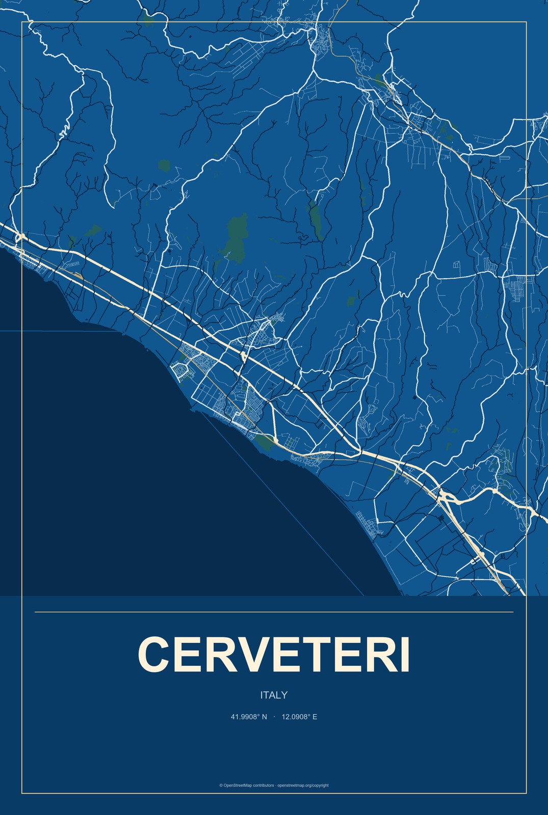 Cerveteri, Italy City Map Aluminum Sign in Harbor Cobalt style