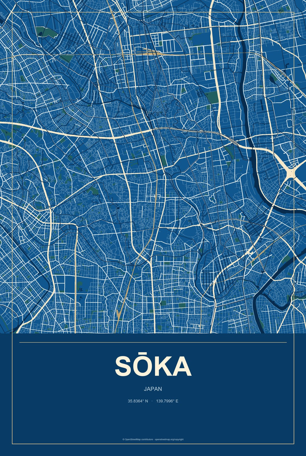 Sōka, Japan City Map Aluminum Sign in Harbor Cobalt style