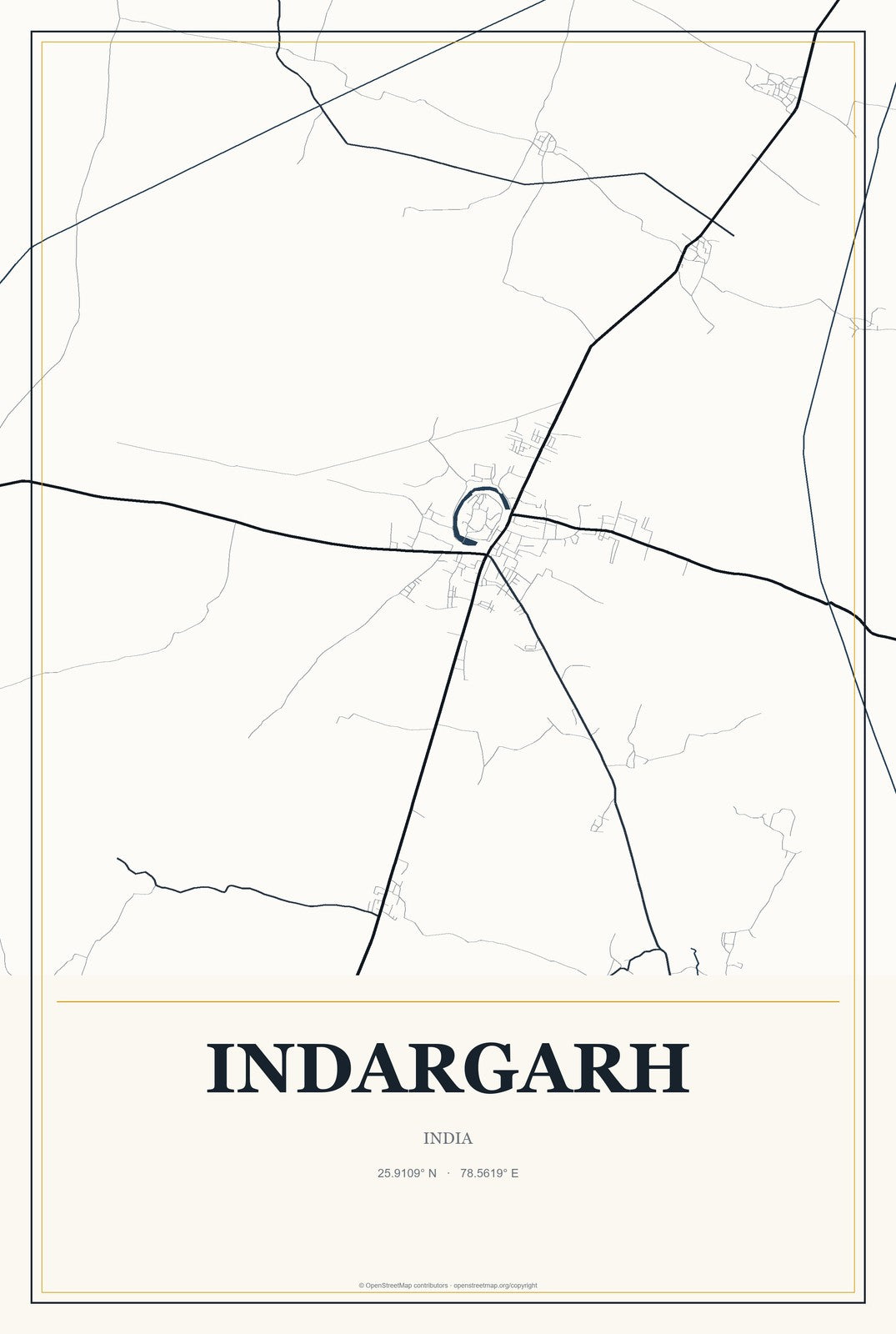 Indargarh, India City Map Aluminum Sign in Citrine Modern style
