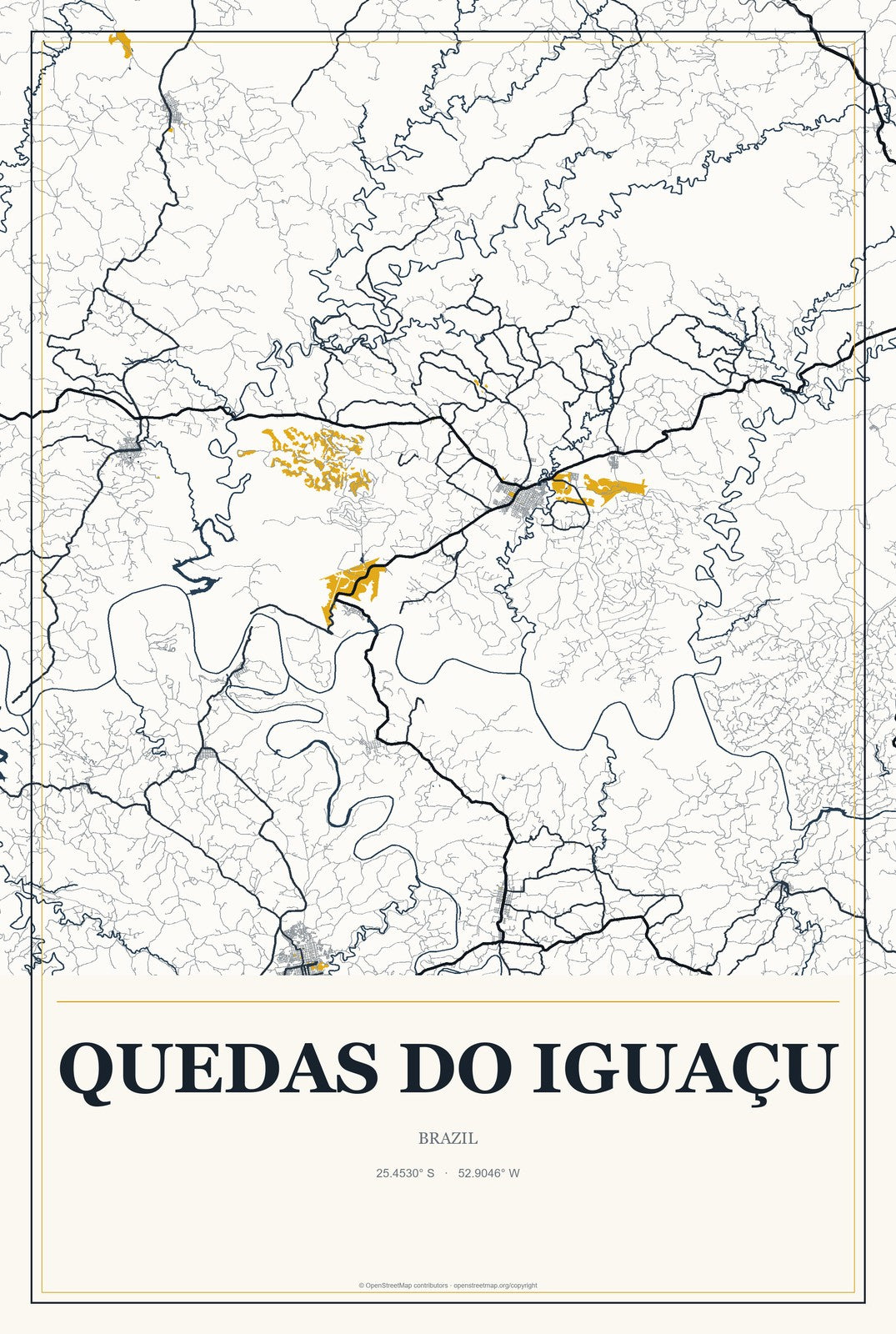 Quedas do Iguaçu, Brazil City Map Aluminum Sign in Citrine Modern style