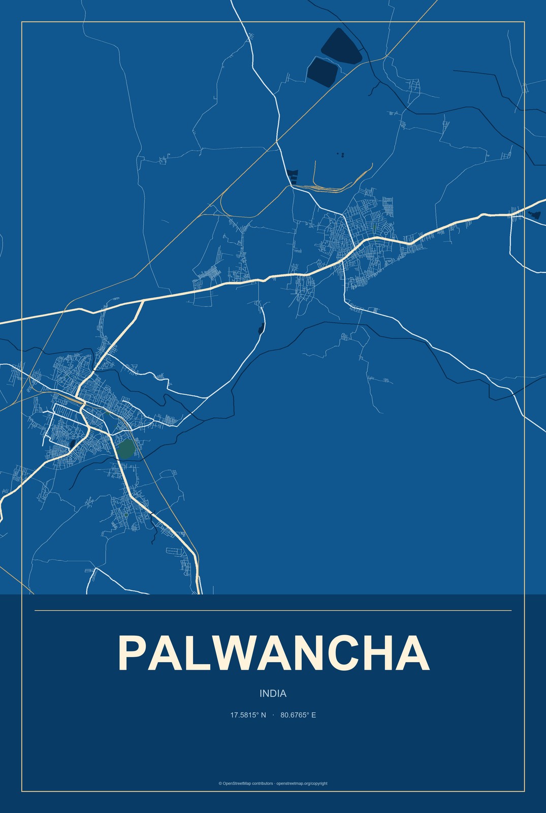 Palwancha, India City Map Aluminum Sign in Harbor Cobalt style