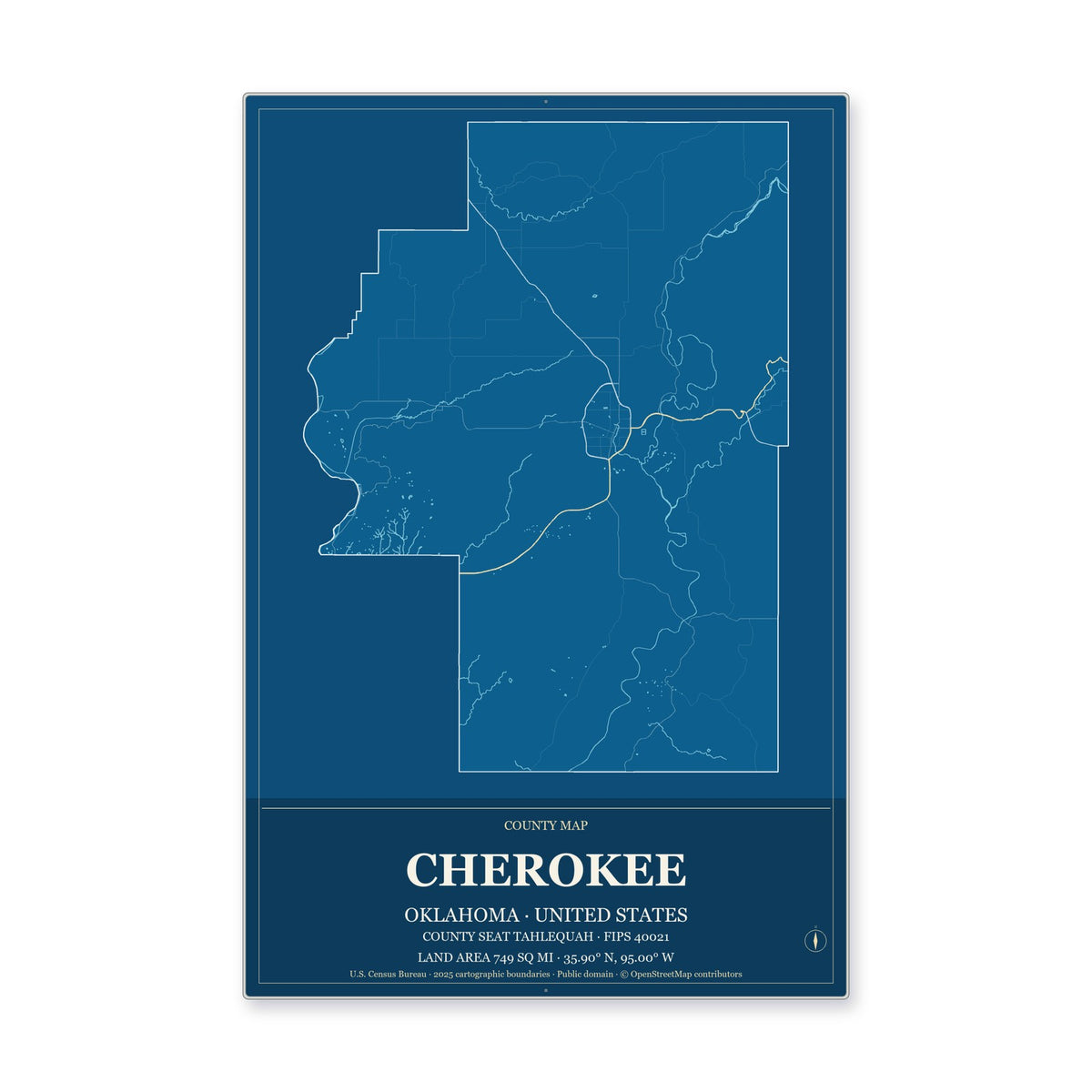 Cherokee County, Oklahoma Map Aluminum Sign in Harbor Cobalt style