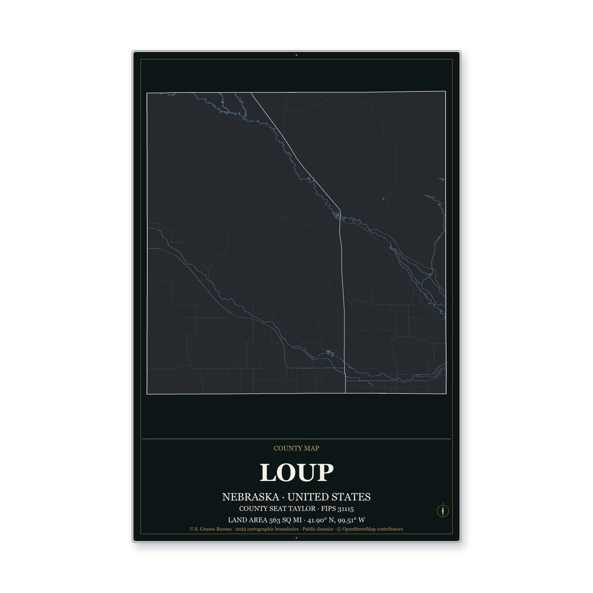 Loup County, Nebraska Map Aluminum Sign in Metropolitan Noir style