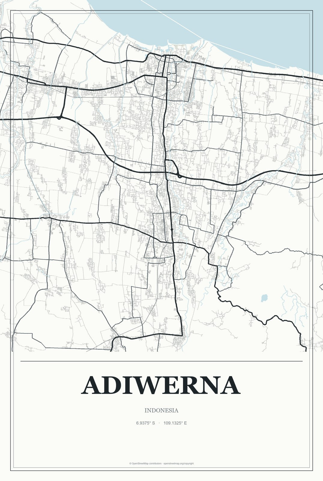 Adiwerna, Indonesia City Map Aluminum Sign in Gallery Air style