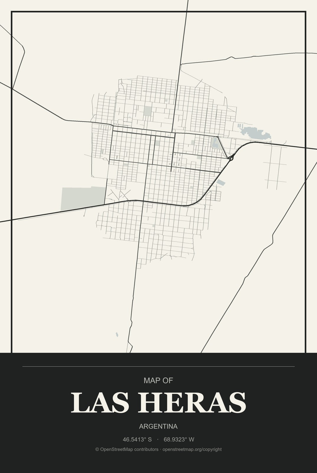 Las Heras, Argentina City Map Aluminum Sign in Museum Plaque style