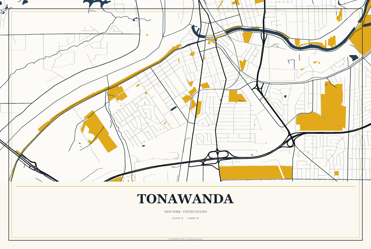 Tonawanda, New York City Map Aluminum Sign in Citrine Modern style