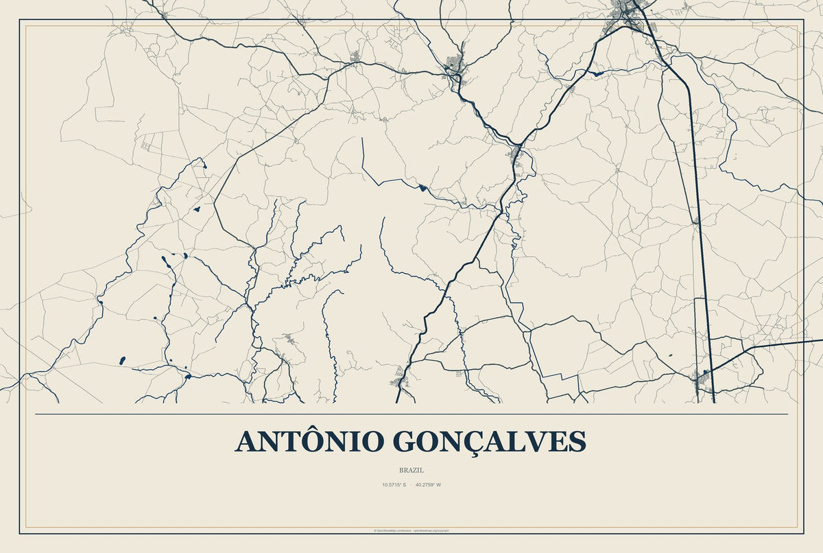 Antônio Gonçalves, Brazil City Map Aluminum Sign in Coastal Cutout style