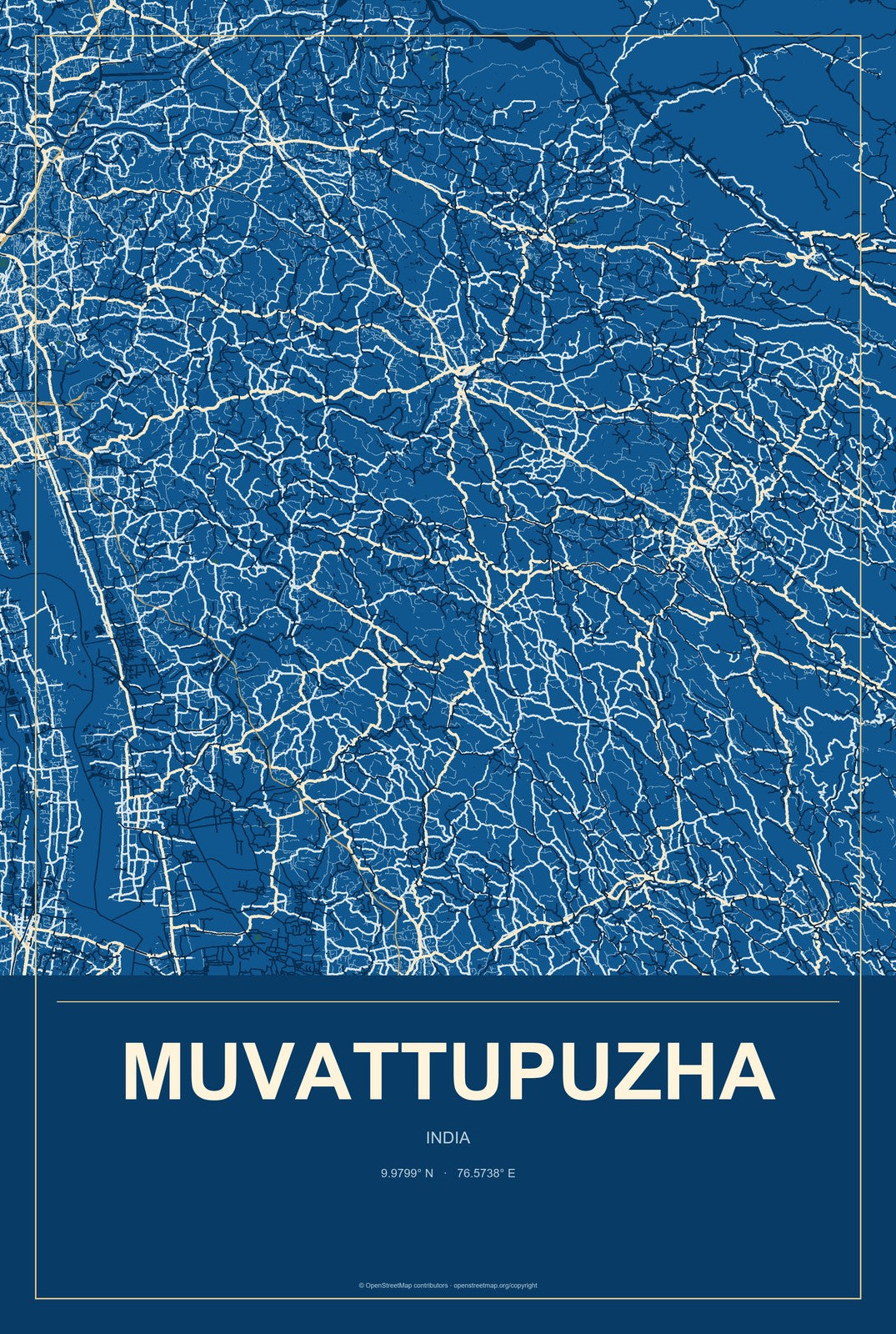 Muvattupuzha, India City Map Aluminum Sign in Harbor Cobalt style