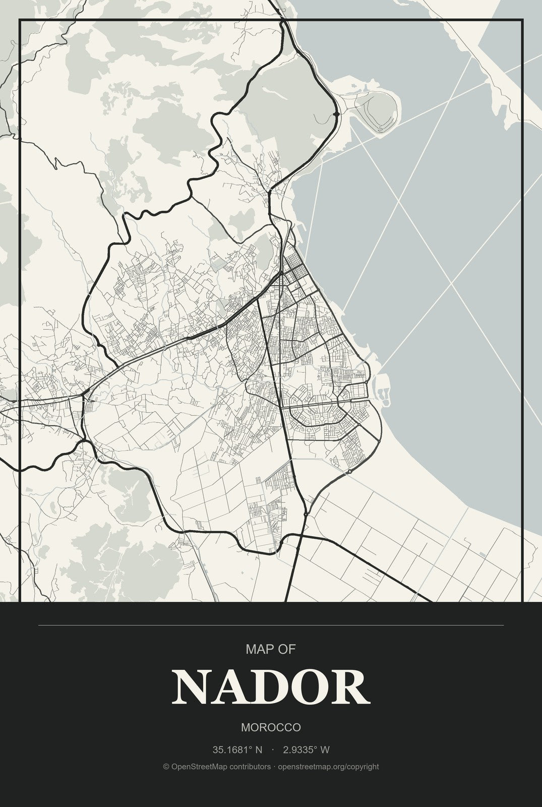 Nador, Morocco City Map Aluminum Sign in Museum Plaque style