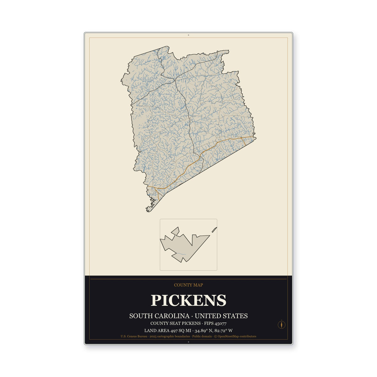 Pickens County, South Carolina Map Aluminum Sign in Museum Plaque style